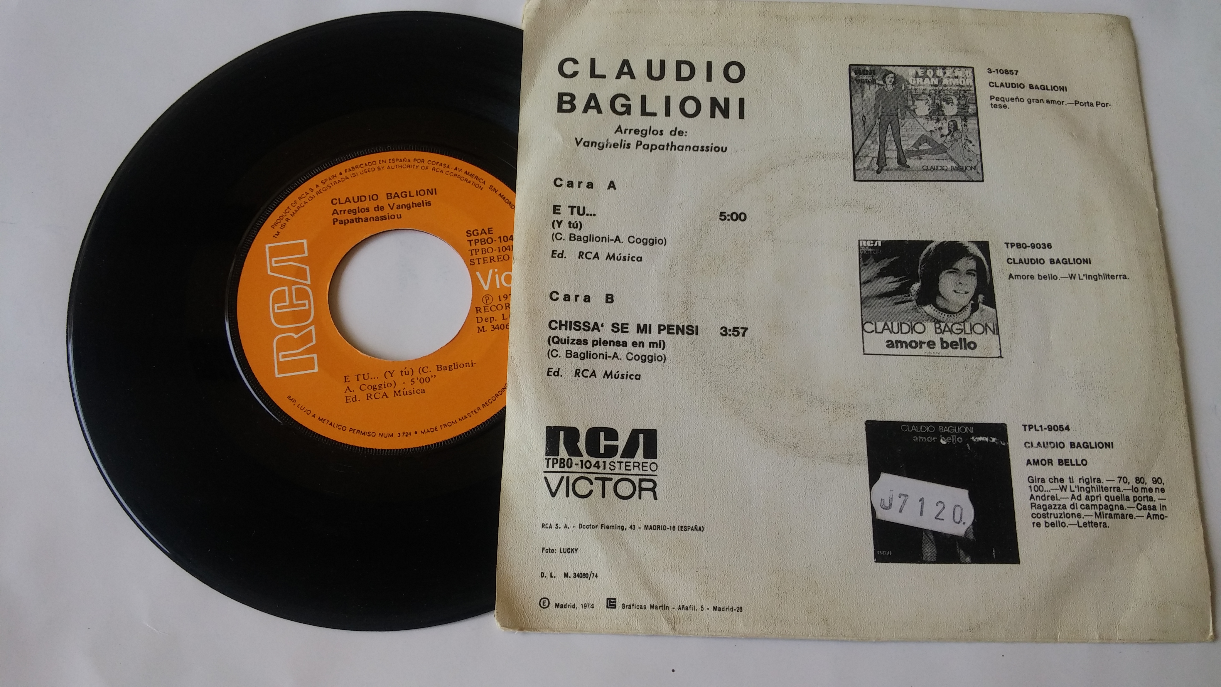 Vinile 45 Giri Claudio Baglioni, Sabato pomeriggio / Poster